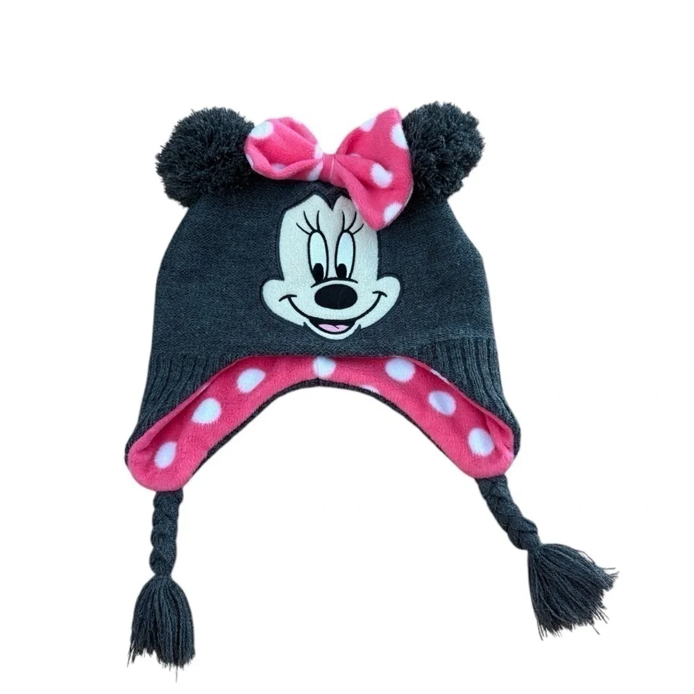 Disney Minnie Mouse Pom Pom Hat W/ Ears Gray Pink Knit Winter